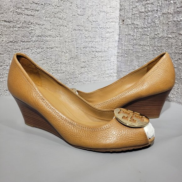 Tory Burch Sally Women's Size 11M US Brown Leather Wedge Peep Toe Pump Sandals - Picture 8 of 10
